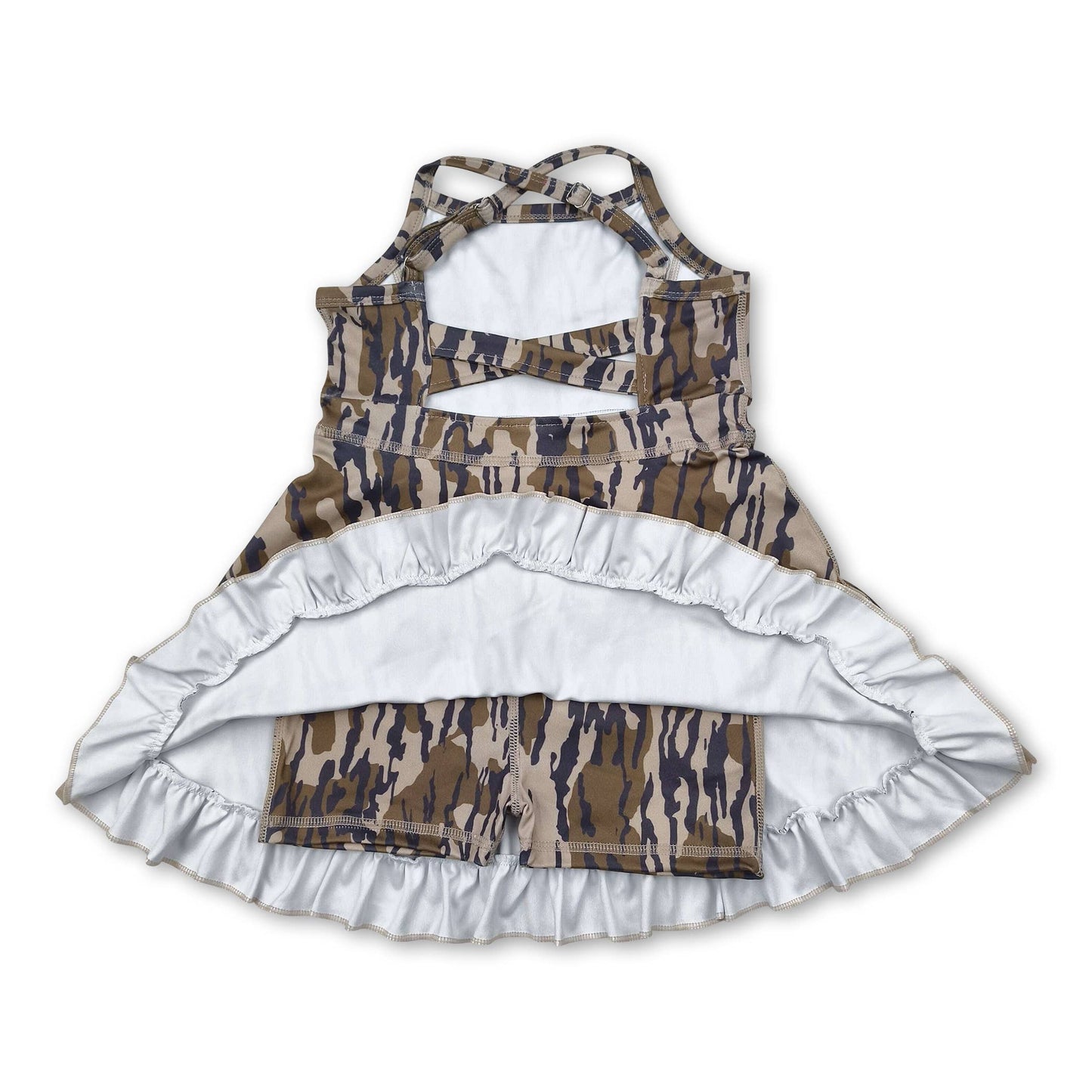 Grey camo straps ruffle girls athletic dress