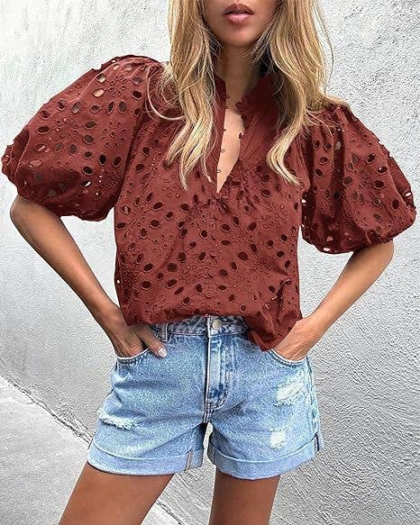 Bohemia Crochet lace Eyelet high neck short sleeve blouse
