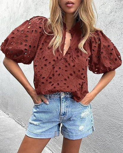 Bohemia Crochet lace Eyelet high neck short sleeve blouse