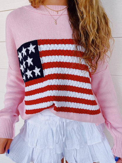 Ladies Round Neck American Flag Pullover Sweater