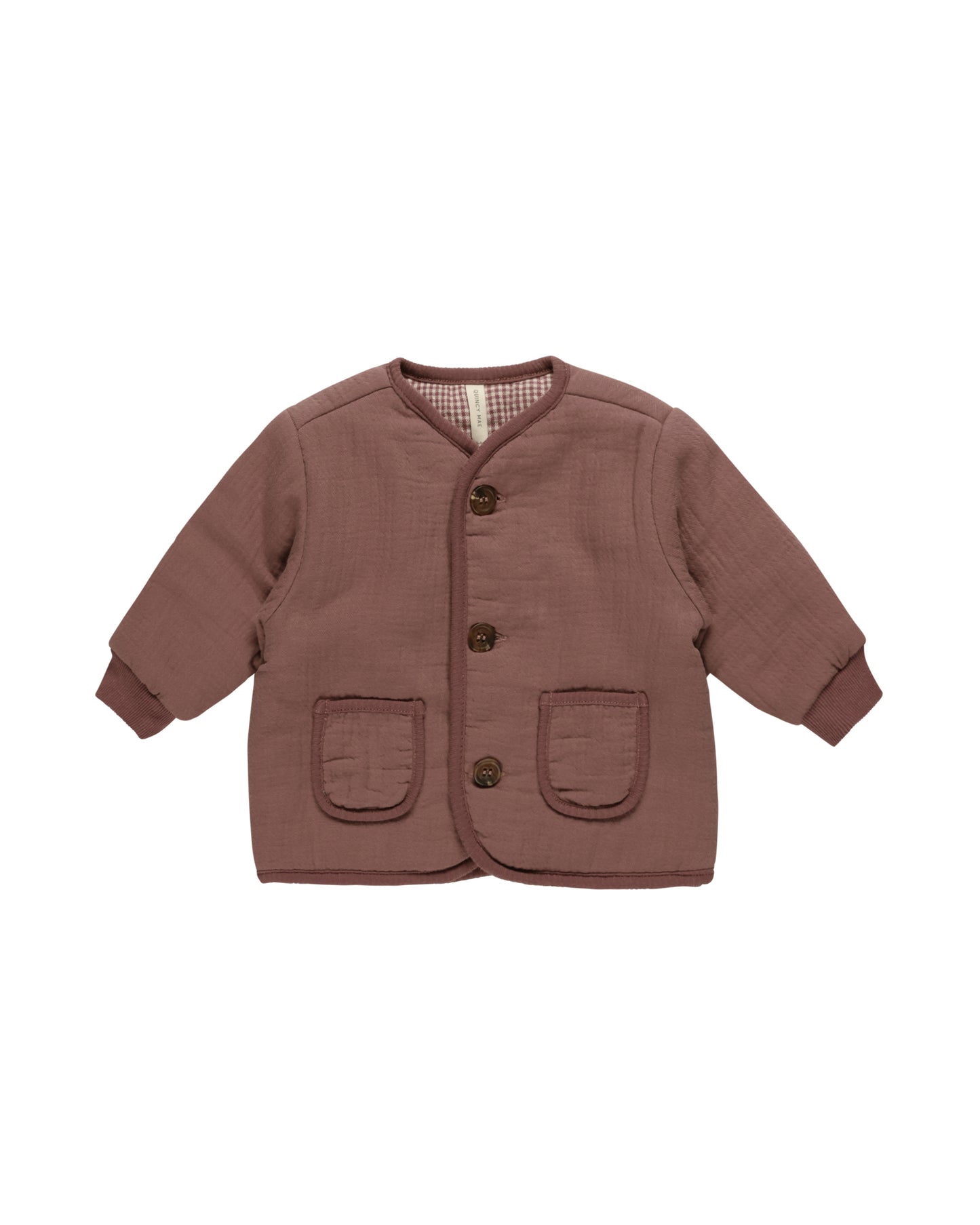 QUILTED V-NECK BUTTON JACKET || PLUM