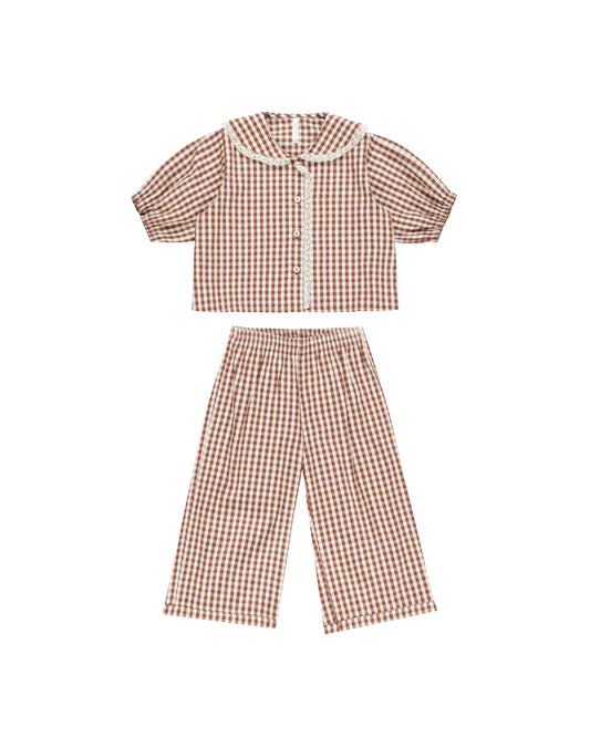 RUFFLE PAJAMAS || BRICK GINGHAM