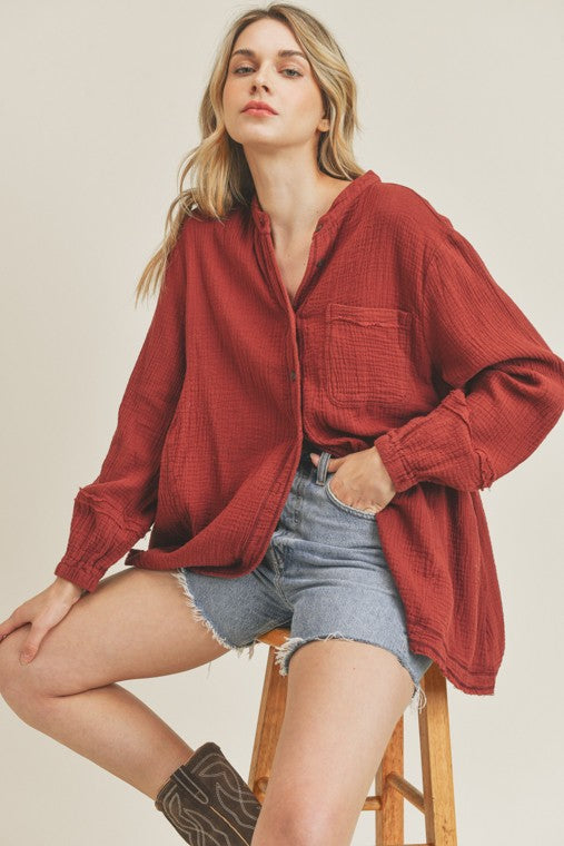 Maroon raw hem button up