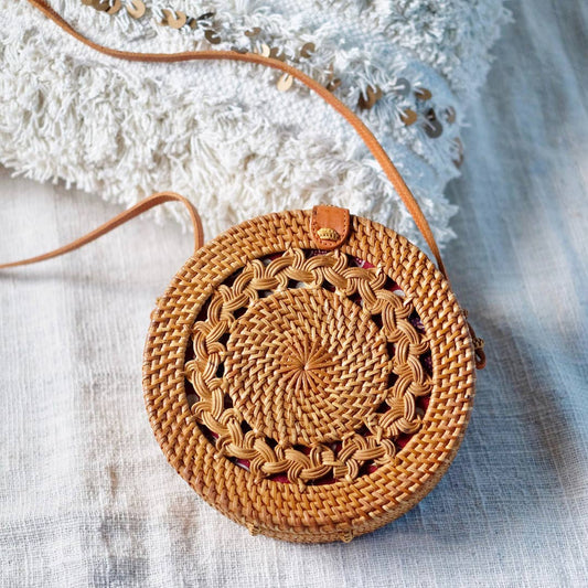 Round Ata Rattan Bag (Brown Braided) - Bali Bag, Straw Bag