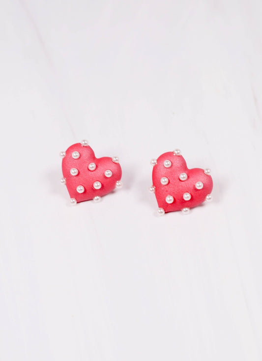 Charmed Pearl Heart Stud Earring RED