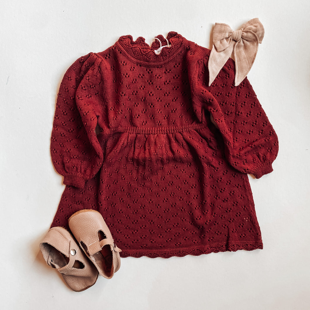 Burgundy knit dress.